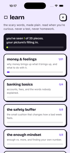 The Learn space, money concepts in plain words