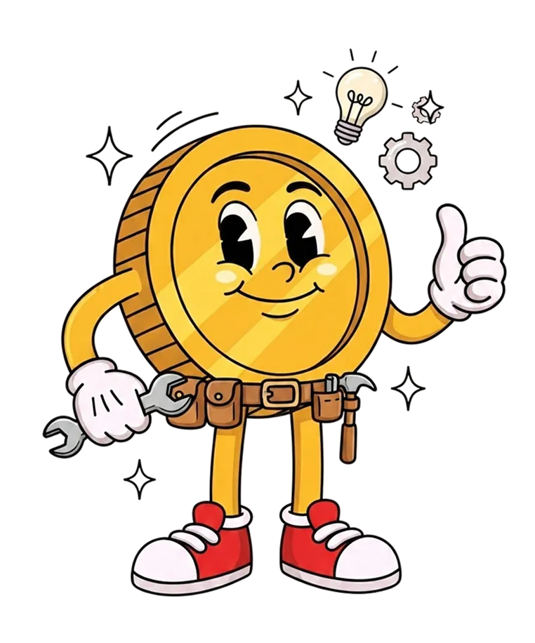 a cartoon coin in a tool belt giving a thumbs up