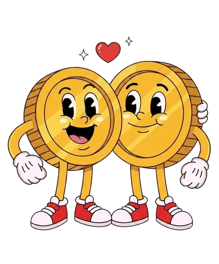 two cartoon coins arm in arm with a heart between them