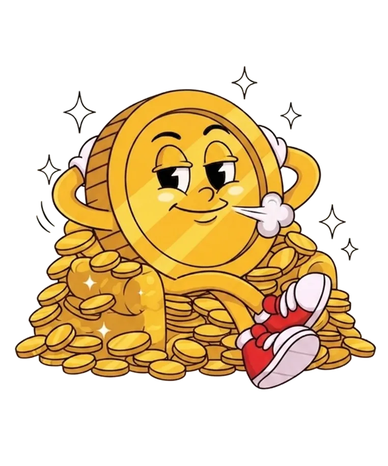 a relaxed cartoon coin mascot, at ease