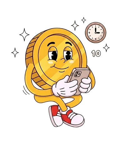A cartoon coin character calmly checking its phone