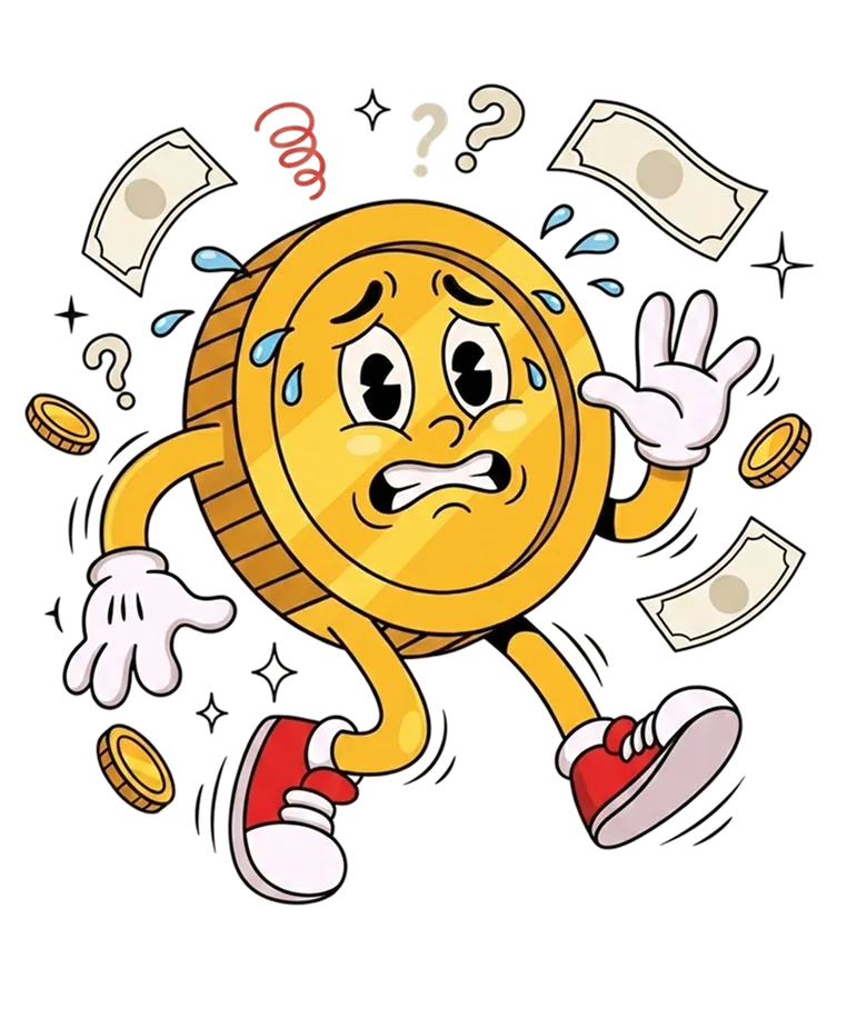 A cartoon coin character looking panicked as money flies around it