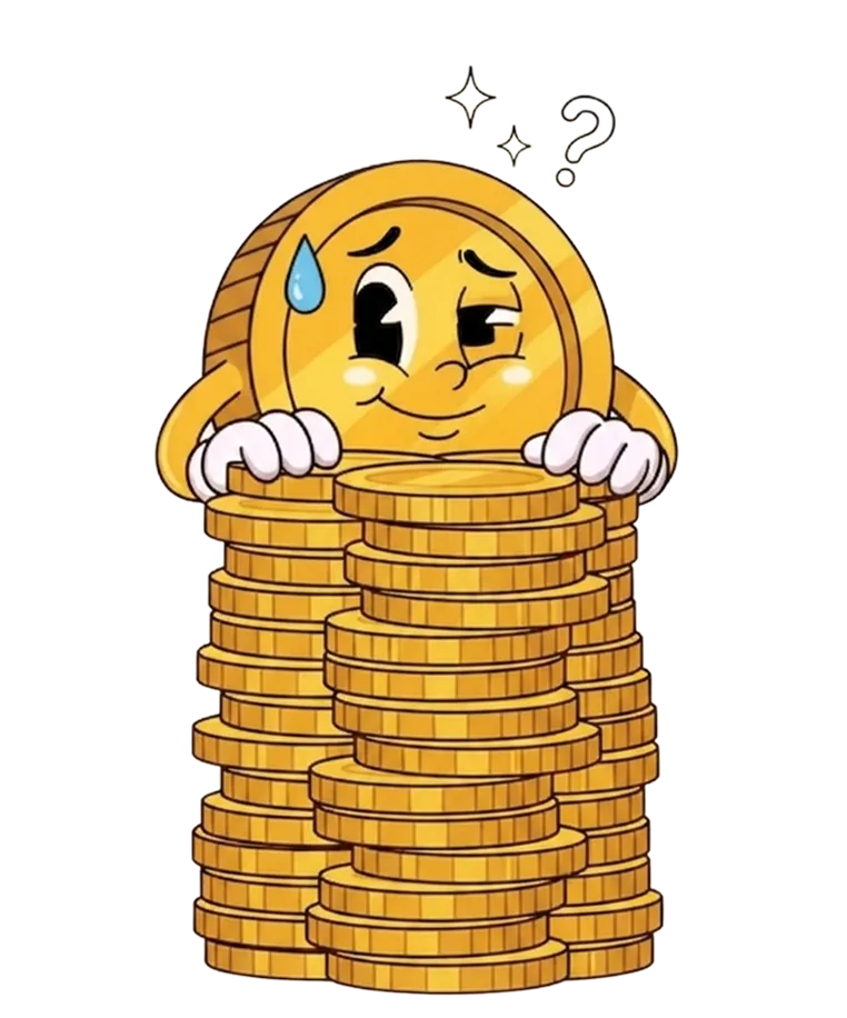 A cartoon coin character peeking nervously over a tall stack of coins