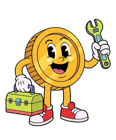 a cartoon coin mascot holding a wrench and a toolbox