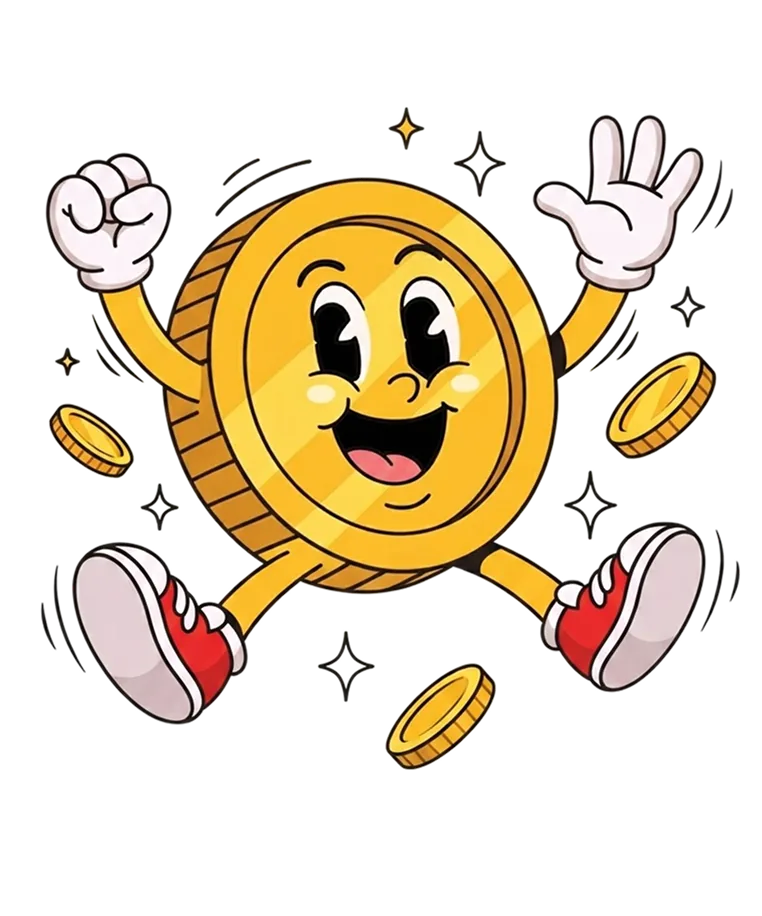 a happy cartoon coin waving