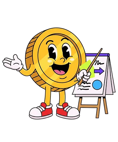 The FUC Money coin mascot leading a financial wellness workshop at a flip chart